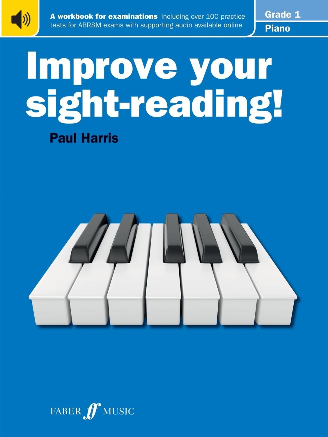 Book cover titled 'Improve your sight-reading!' by Paul Harris, with a picture of piano keys on a blue background.