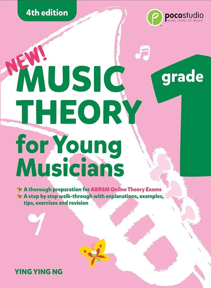 Cover of a music theory book titled 'Music Theory for Young Musicians' by Ying Ying Ng, 4th edition, grade 1, green and pink colors, includes a butterfly illustration.