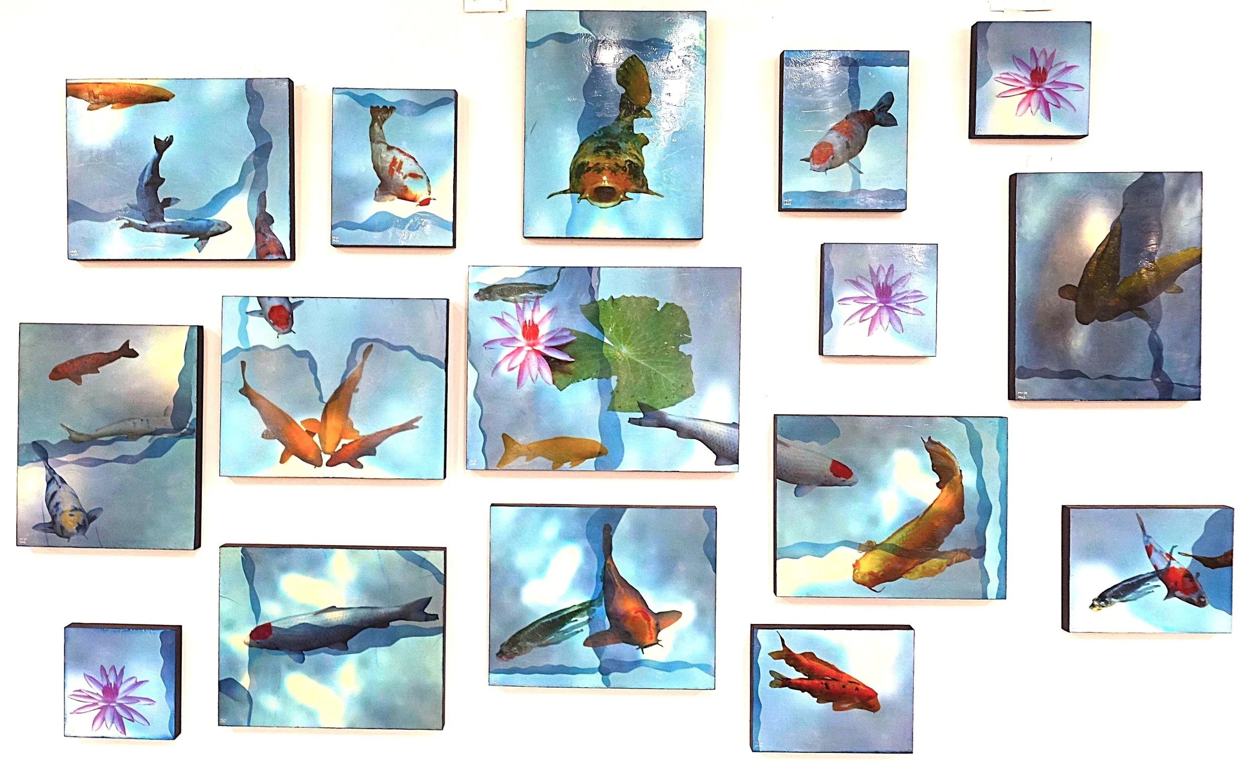 The Big Blue Pond (2023) encaustic, tissue paper, pastel, birchwood panel 16 piece INSTALLATION 9 feet by 5 feet