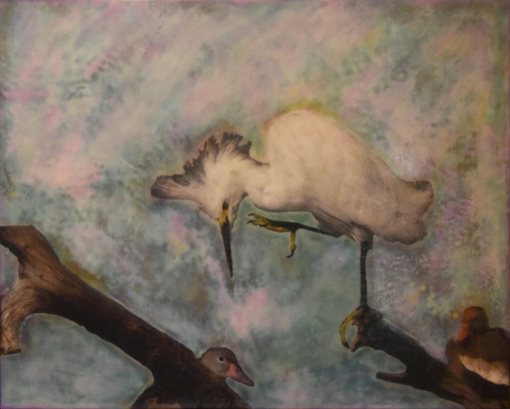 SOLD (COMMISSION) GRUMPY EGRET (2020) Encaustic, Tissue Paper & Pastel on Basswood Pane