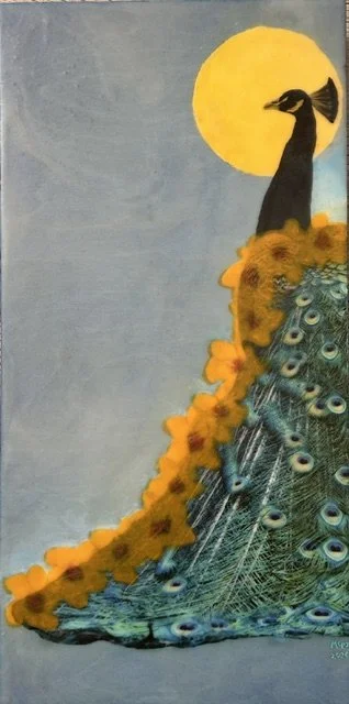 Kujaku #1 (2026) encaustic, tissue paper, water color, pastel, baltic birch board 10 x 20