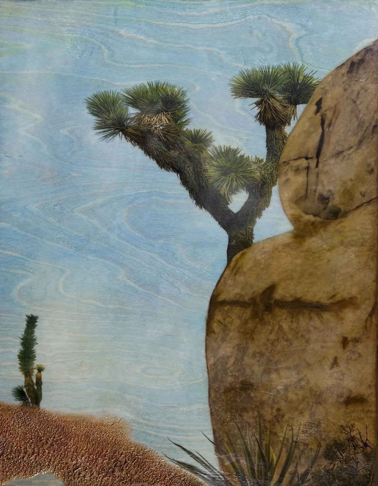 Joshua Tree Forest #6 (2026) encaustic, tissue paper, pastel, watercolor, birchwood panel 24 x 30 (Framed)