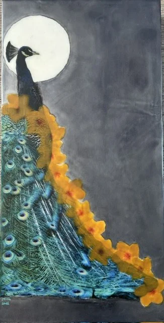 Kujaku #2 (2026) encaustic, tissue paper, water color, pastel, baltic birch board 10 x 20 