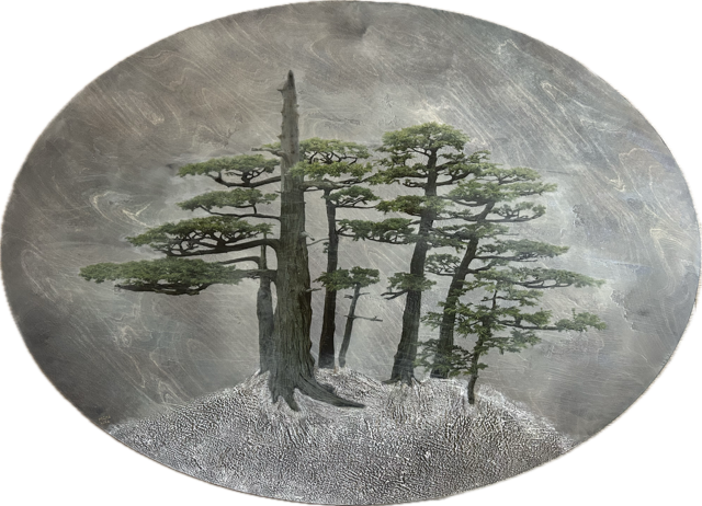 Cedars in Winter (2026) Encaustic, tissue paper, watercolor, pastel, birchwood panel 48 x 34