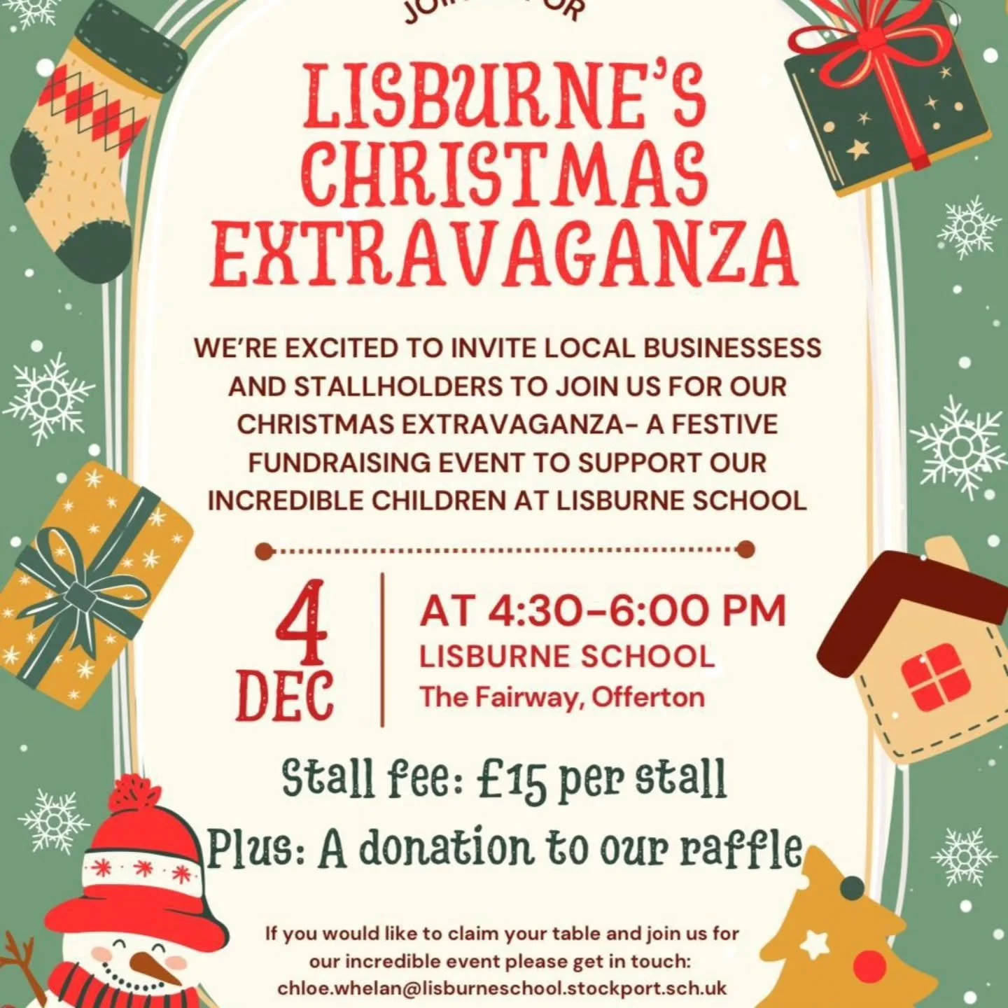 Lisburne Specialist School are having their 1st Christmas Fair 🥳🎅
We will be there with a stall inside...but we're looking for other stall holders to join us!
Inside tables available. It's an amazing school that my twins attend and this raises vita
