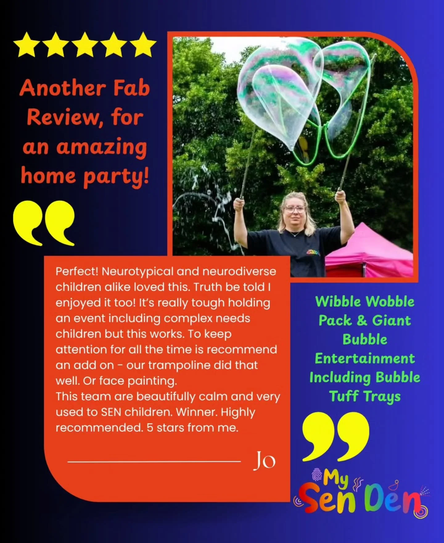 We love a review 🙌

It's amazing to supply party packs and entertainment that fits around your home &amp; family regardless of #neurodiversity or not ...that's how inclusivity works 😊

#bubbleentertainment #giantbubbles #magicbubble #kidspartyideas