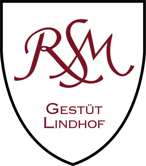 Wappen mit den Initialen R und M, darunter die Worte GESTÜT LINDHOF