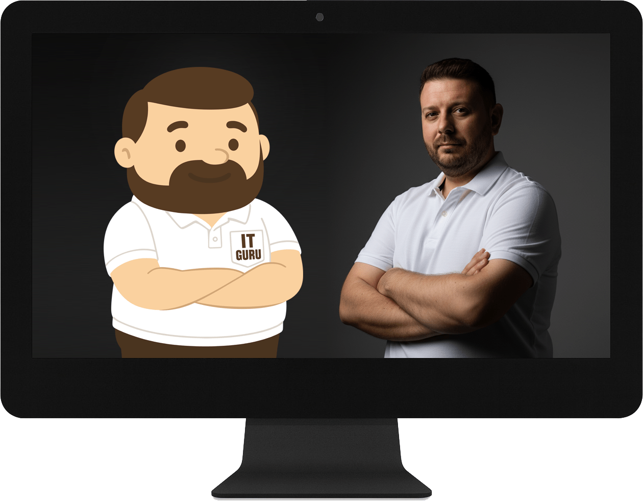 Ein Foto von Patrick als echter Mensch und als IT Guru Figur.