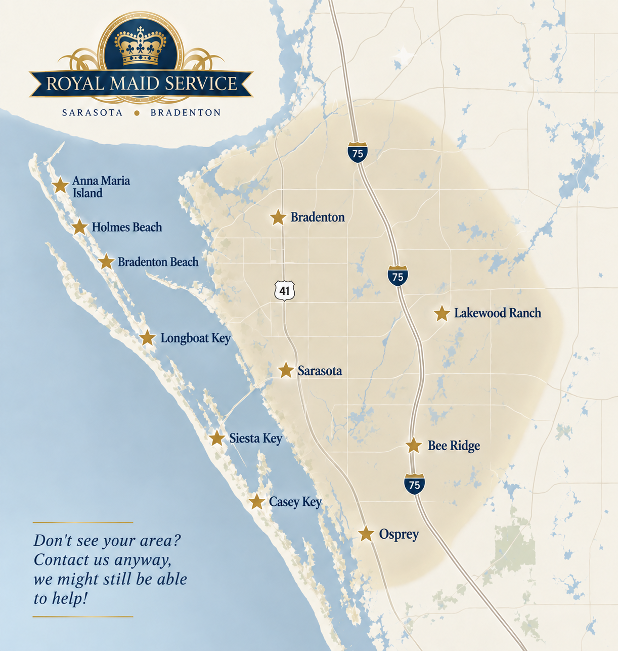 Royal Maid Service cleaning area map showing Sarasota, Bradenton, Lakewood Ranch, Anna Maria Island, Longboat Key, Siesta Key, Casey Key, Bee Ridge, and Osprey.