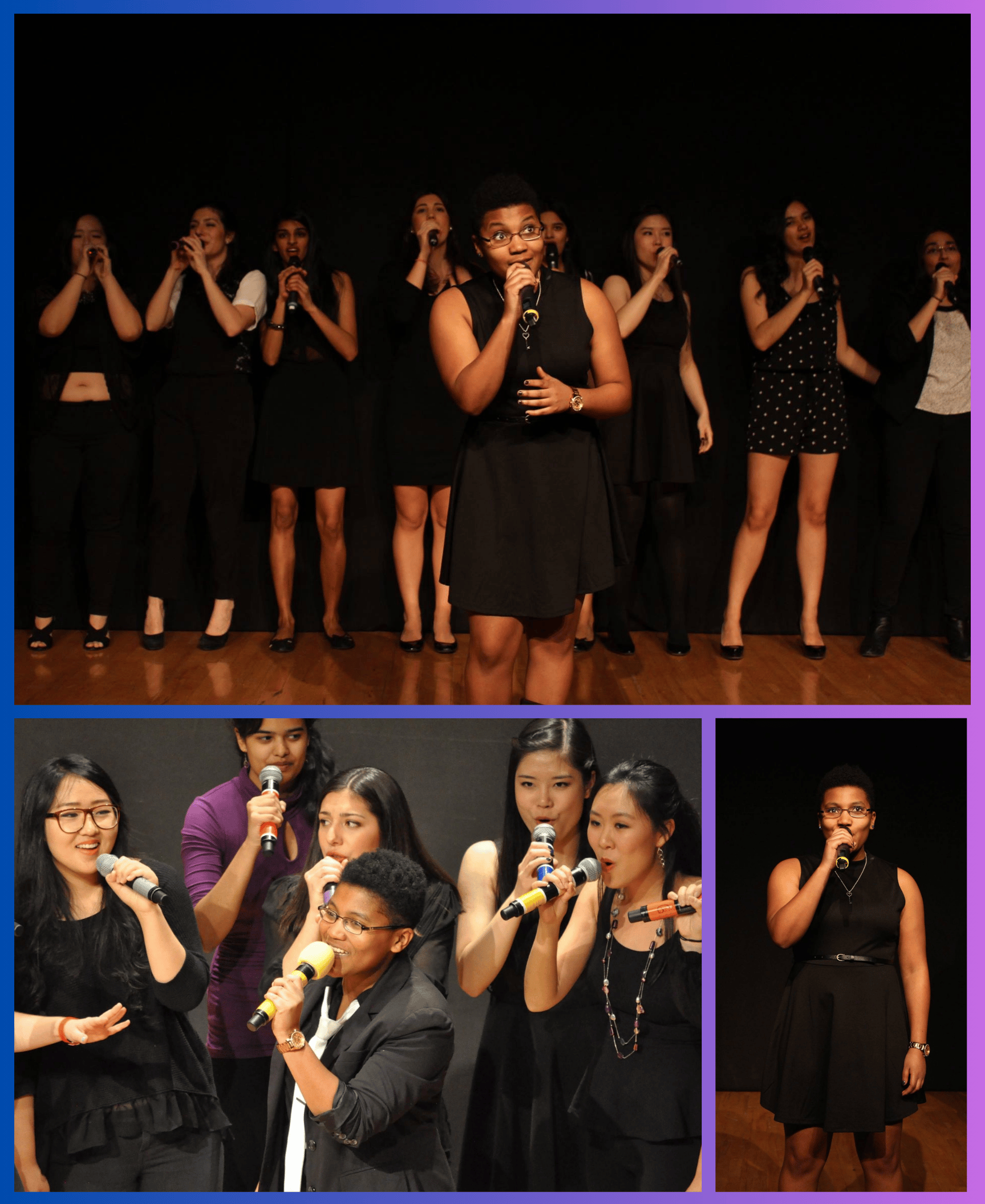 This image depicts a collage of three pictures, in all of them Kaden is wearing a black dress, surrounded by women holding microphones, and holding a microphone himself.
