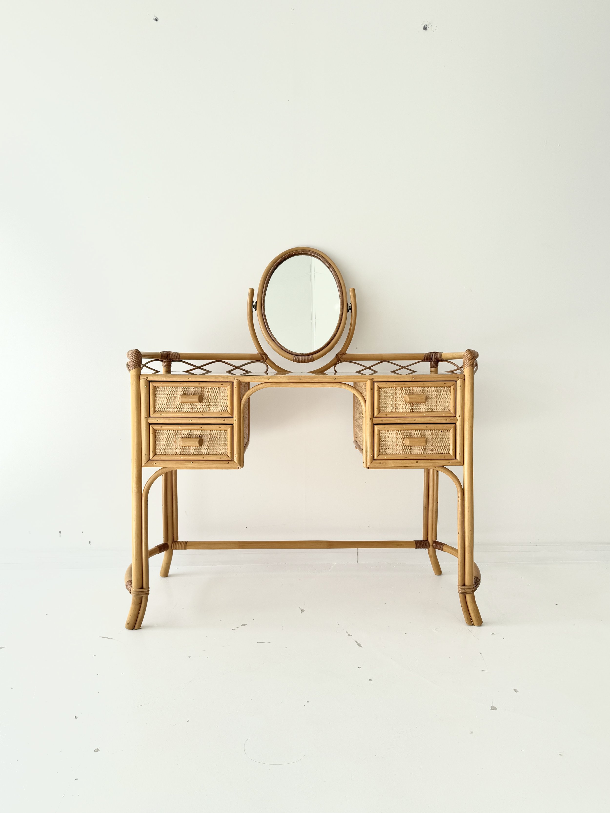 Vintage Glass Top Wicker Bamboo Dressing Table with Mirror by Angraves of Leicester, 1970s