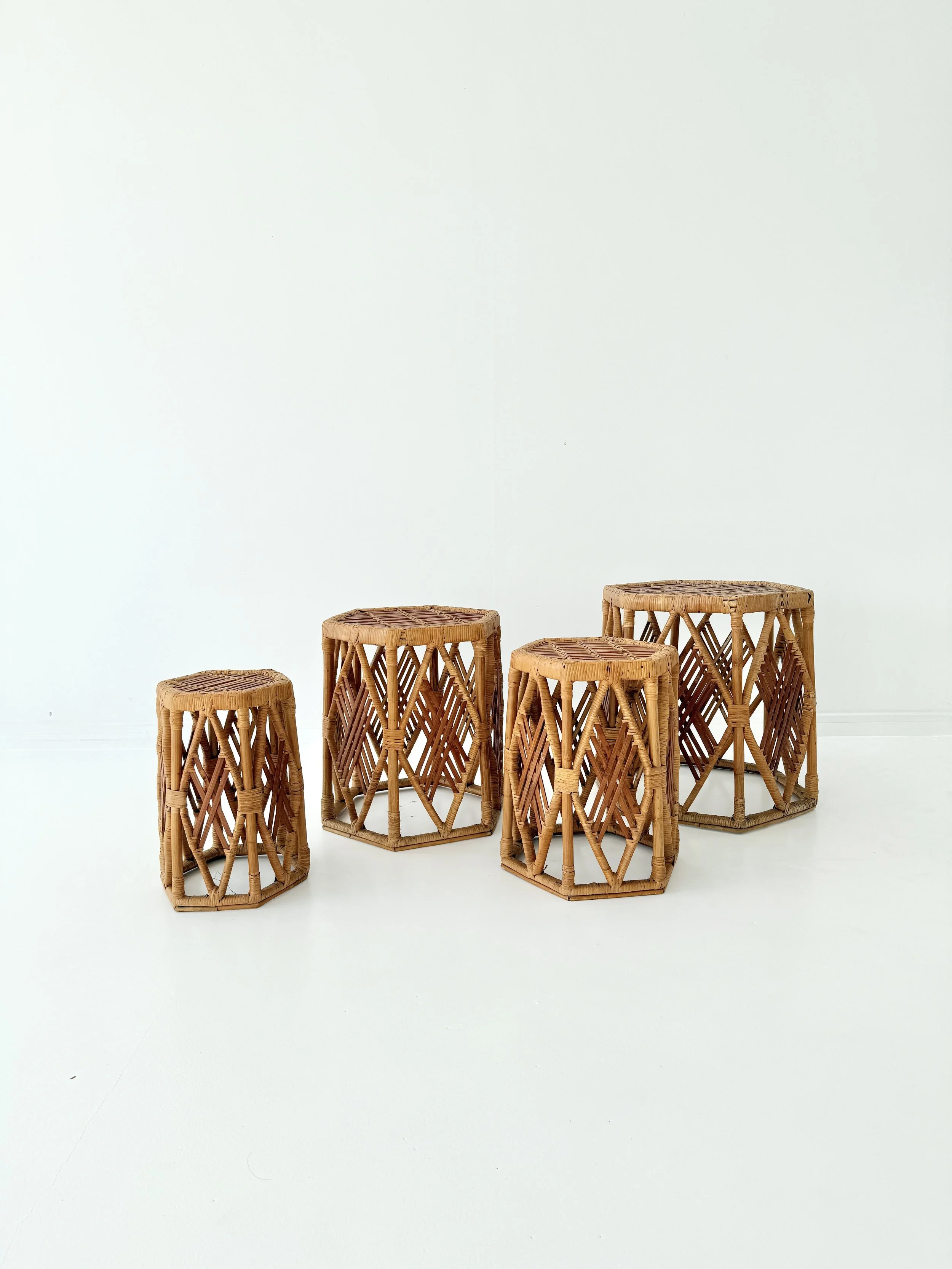 Nest Of 4 Rattan Woven Hexagonal Side Tables / Stools