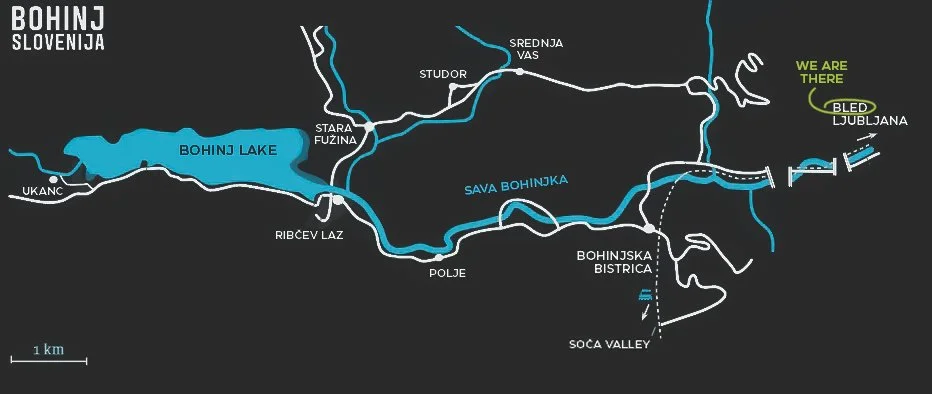 A map of Lake Bohinj and surrounding area in Slovenia, showing towns, roads, and trails, with a marked location labeled "We Are There" near Ljubljana.