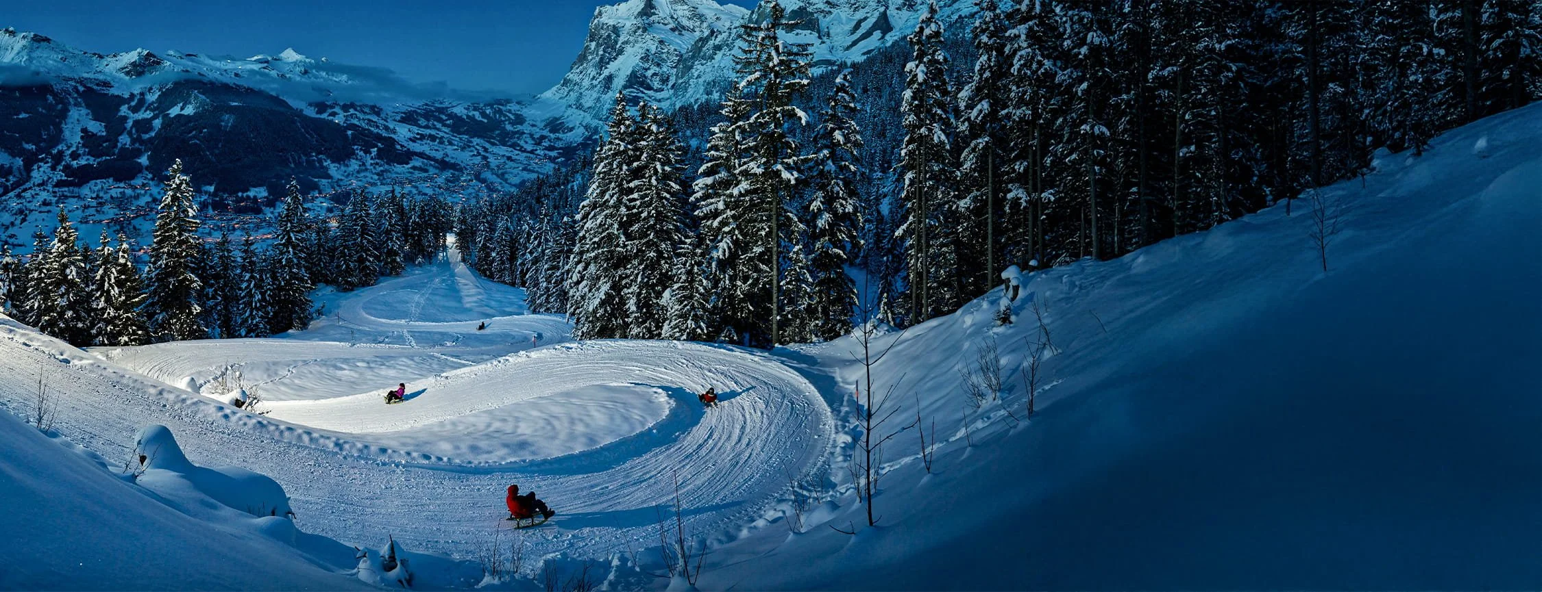 Snow-covered mountain landscape with dense pine trees, people sledding down a winding snowy slope, and mountain peaks in the background under a clear blue sky.