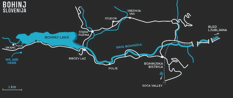 Map of Bohinj Lake and surrounding area in Slovenia, showing various locations including Ukanc, Ribčev Laz, and Bled Ljubljana, with labels for natural features and points of interest.
