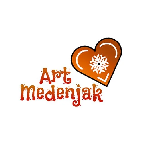 A logo with a heart-shaped gingerbread cookie with a snowflake inside it, and the words "Art Medenjak" written in a decorative style.