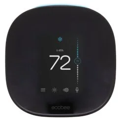 Digital thermostat displaying 72 degrees with weather icons at the bottom