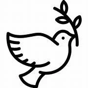 A simple black outline of a dove holding an olive branch in its beak.