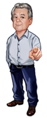 Cartoon image of an older man with gray hair, wearing a light blue shirt and dark pants, pointing forward.