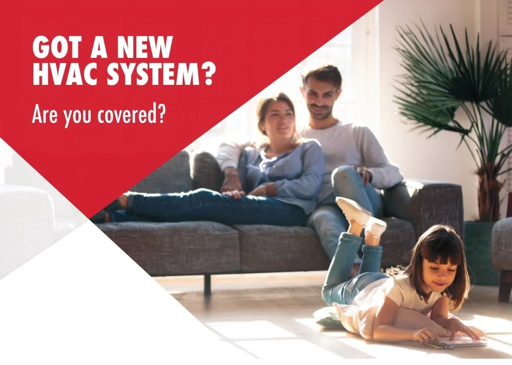 A promotional graphic for HVAC systems featuring a family relaxing at home, with a large red banner in the top left corner reading 'Got a new HVAC system? Are you covered?'