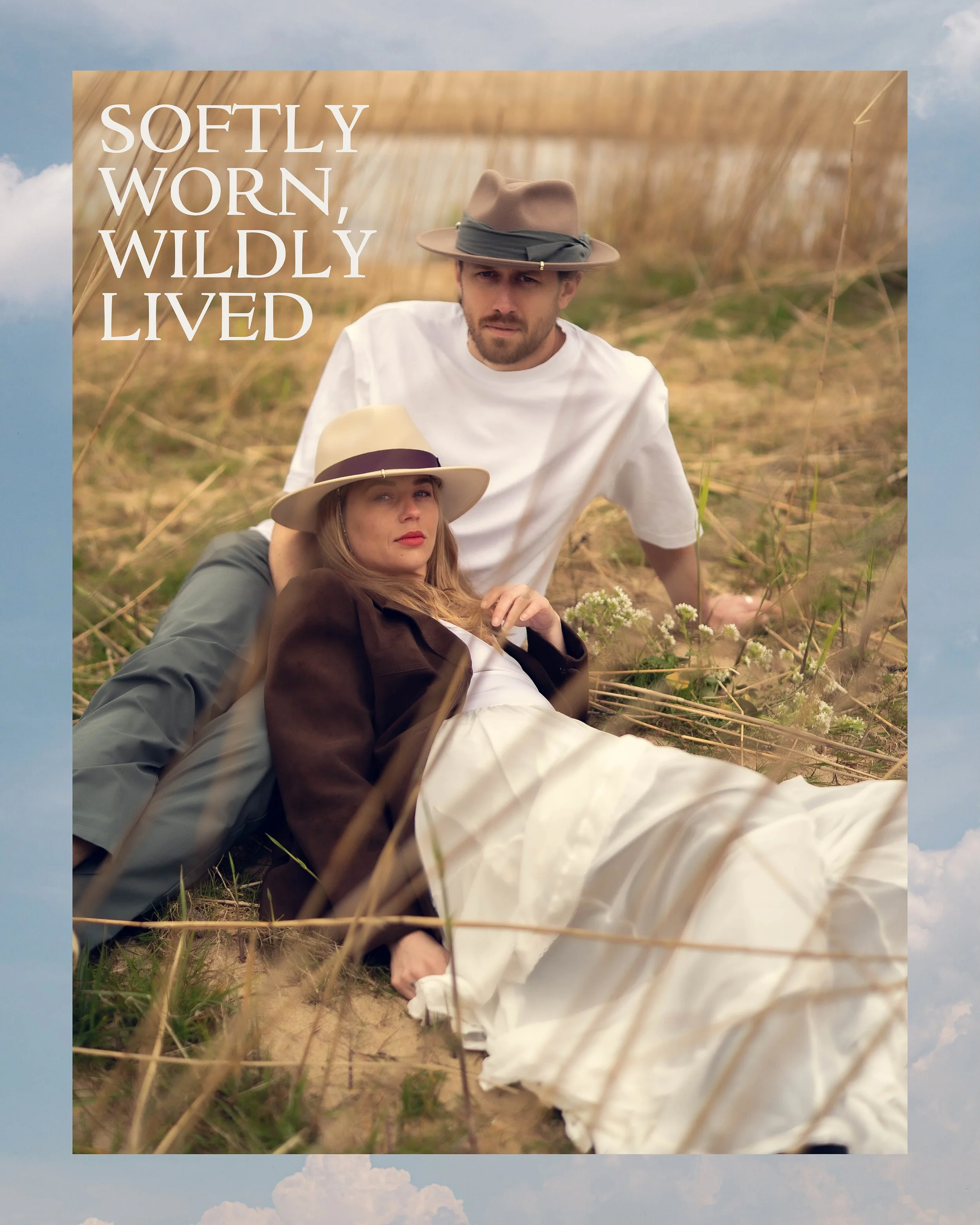 Softly Worn, Wildly Lived. Say hello to our latest serine shoot, featuring 5 styles, two of which are revisited, in our Herra and Mylor Headwear. 
Sophie wears our Herra in Seashell White with her Lunari Necklace, while James wears his Mylor Trilby c