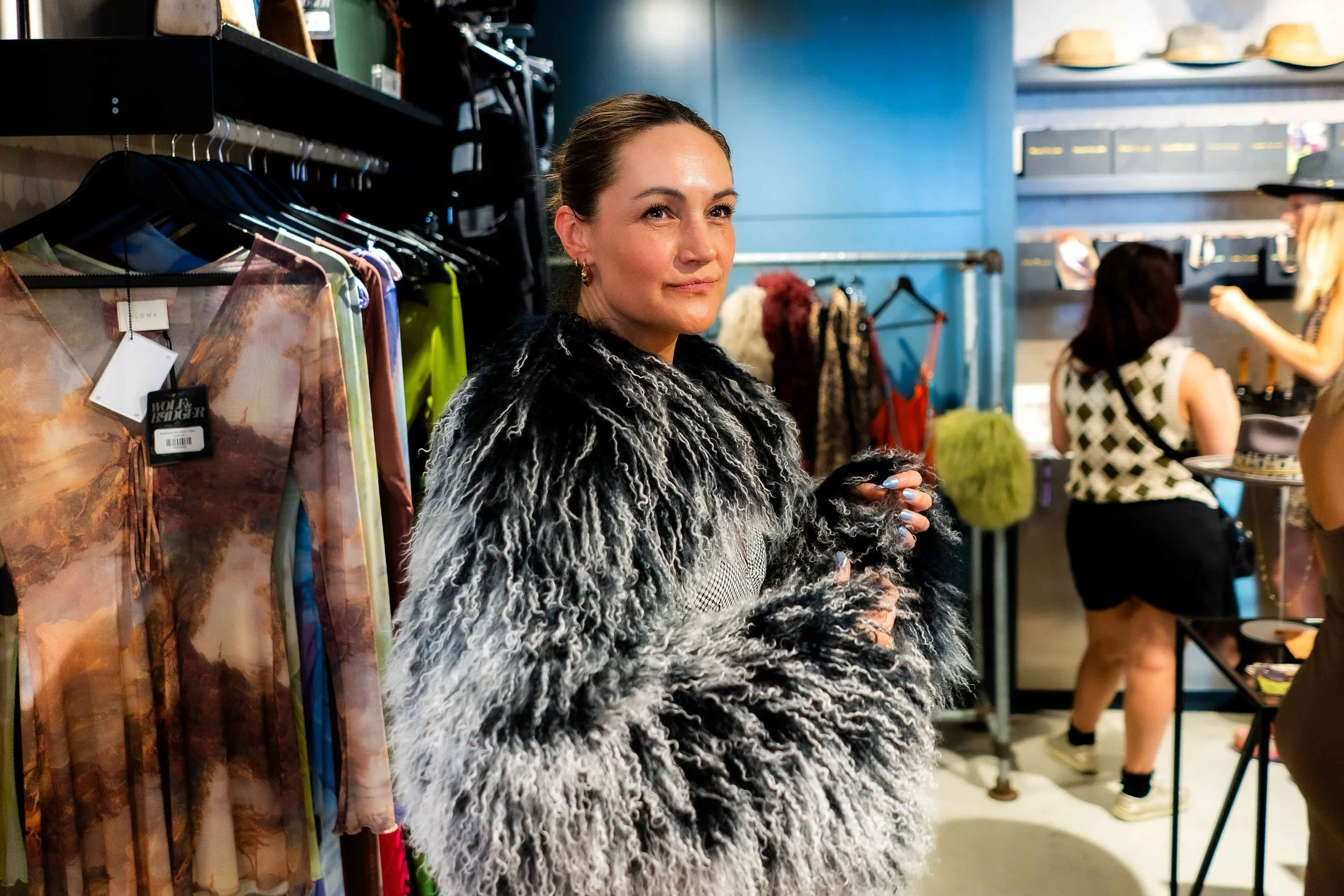 Trying on our pieces makes you all feel like the models you are! 💁&zwj;♀️ Nicky wears our Lamorna Jacket in Black and White and doesn&rsquo;t she look divine! 👏 

#shadedthelabel #mongolianfur #wolfandbadger