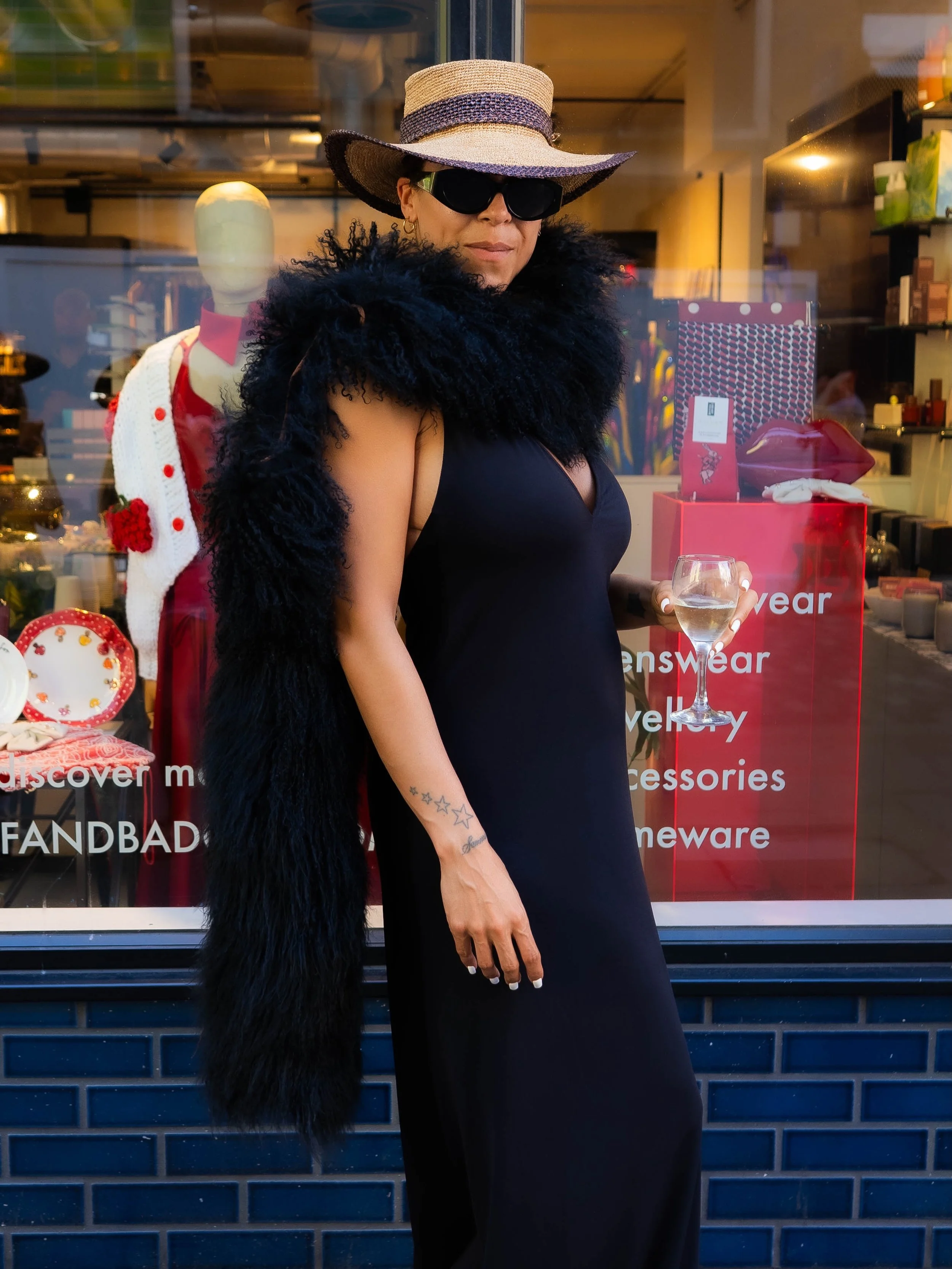 She IS the moment! Ross wears our Lamorna Black Mongolian Fur Jacket as a Scarf with our all new Bramblewick Boater Straw Hat, which will be on the website soon 🤎 What do we all think?! 

#shadedthelabel #strawfedora #strawhat