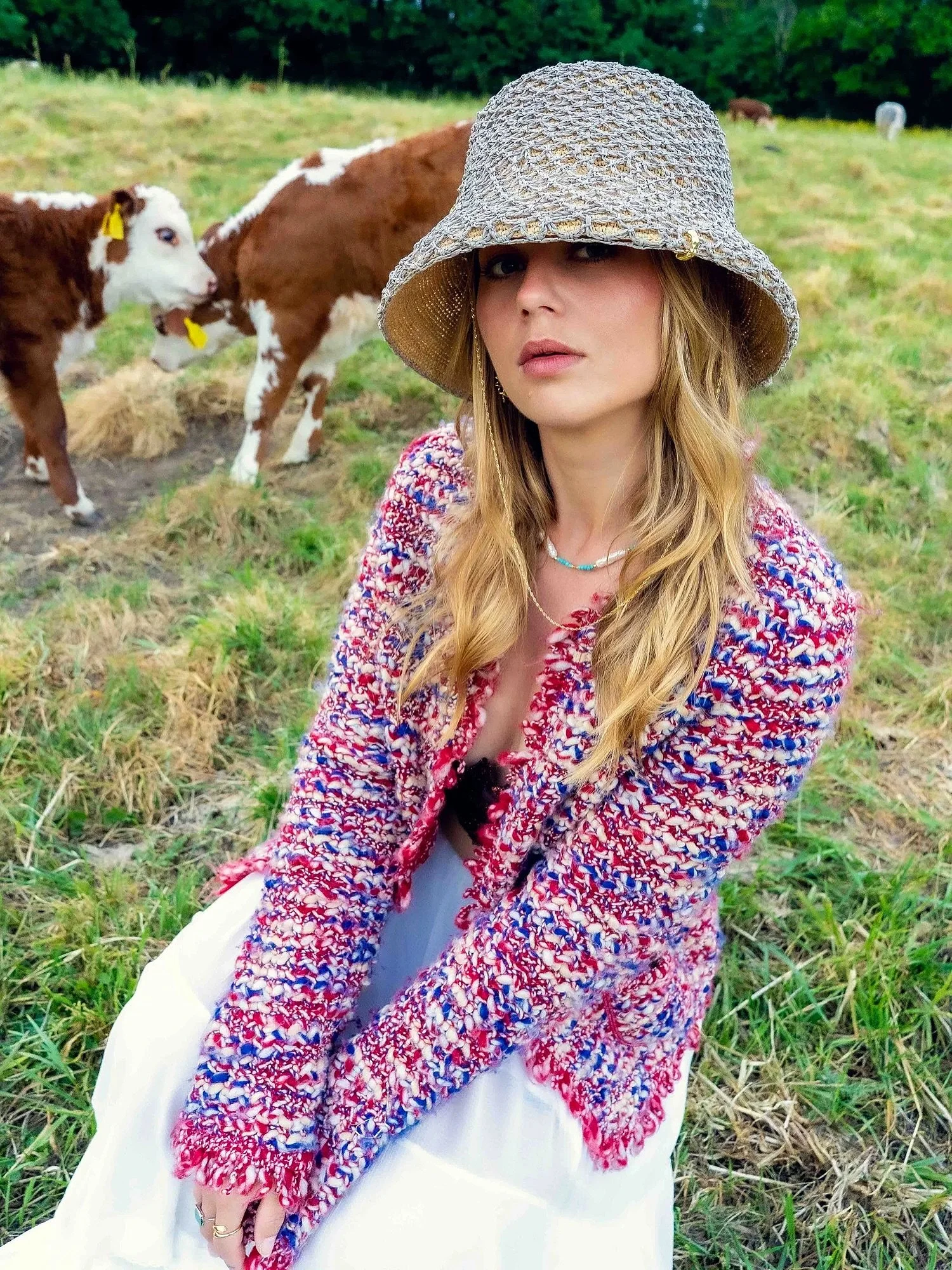 It&rsquo;s calving season, with Thistledown 👩&zwj;🌾 our multi woven layered masterpiece of a straw hat! 👒 Worn with our Azurae Necklace and Maeve Curly Earrings.