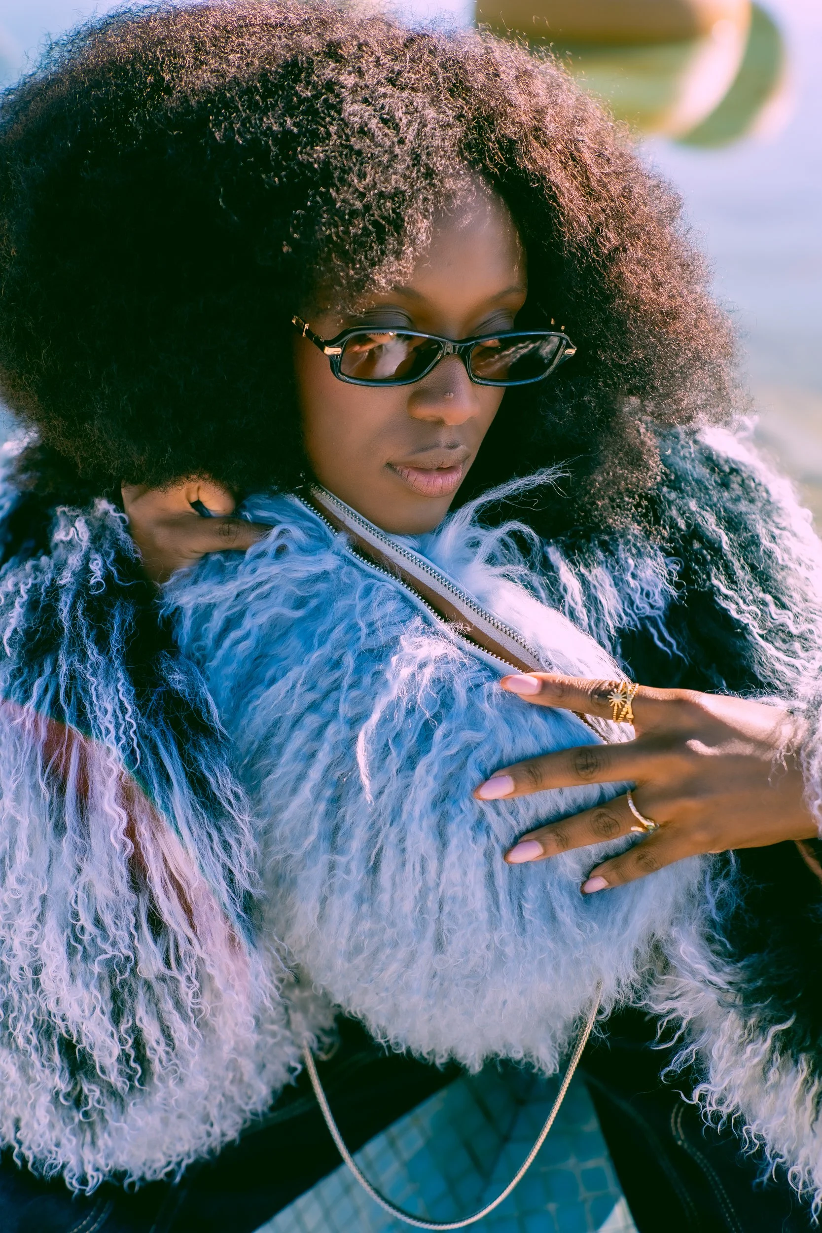 Lamorna Black and White Mongolian Fur Sleeves Jacket and Blue Mongolian Fur Bag by Shaded The Label-34.jpg (Copy)