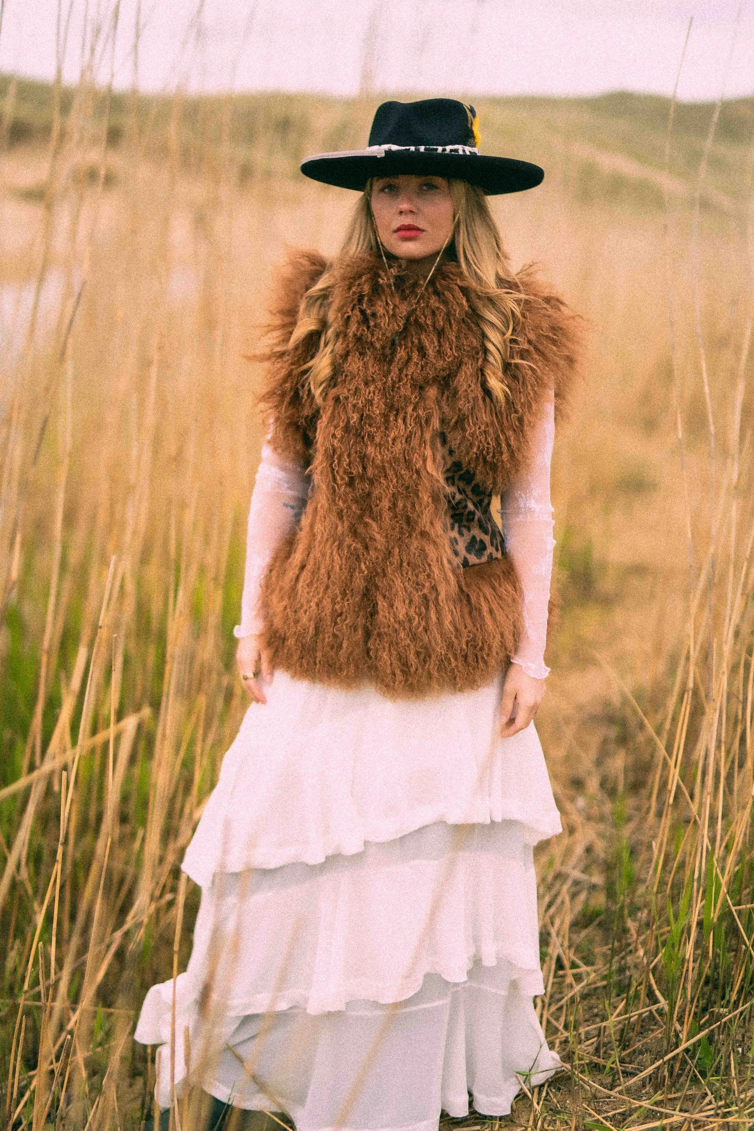 Prowl Leopard Print Leather & Caramel Brown Mongolian Fur Gilet