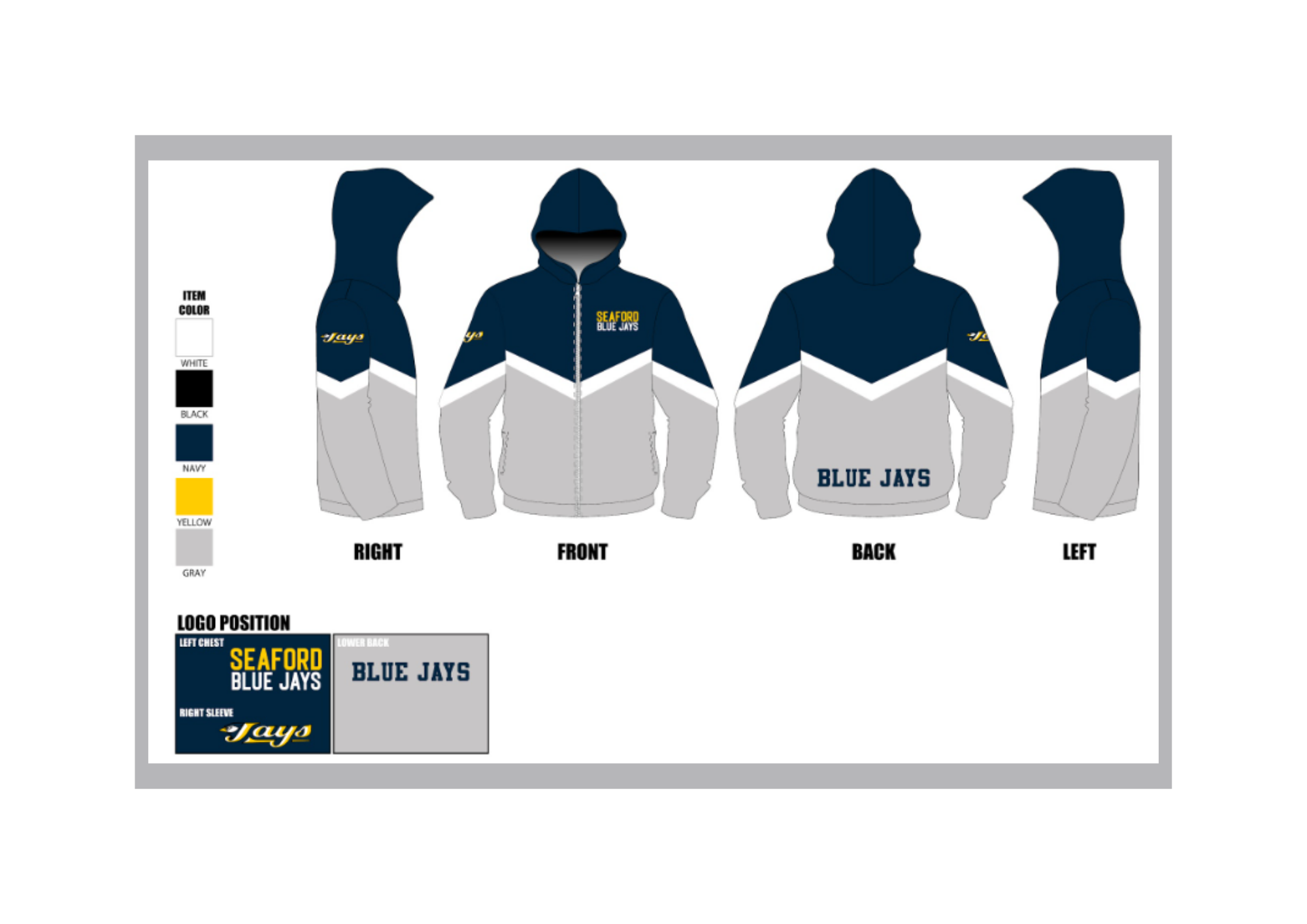 Seaford Blue Jays: Navy Full Sublimated Brushed Jacket w/ Hood