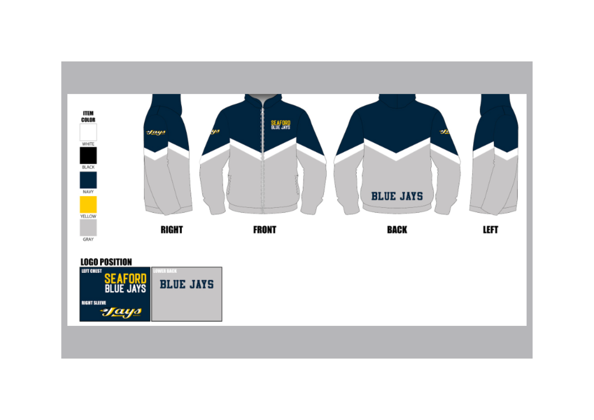 Seaford Blue Jays: Navy Full Sublimated Brushed Jacket w/out Hood