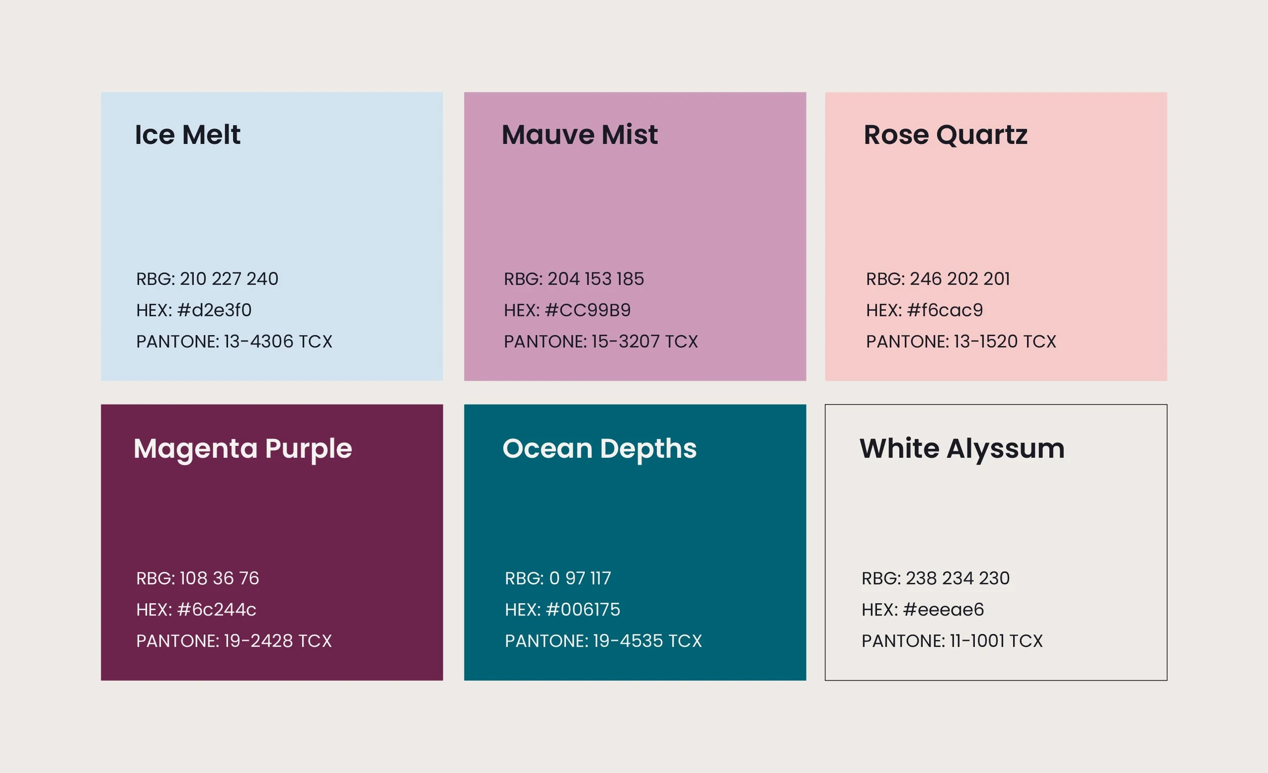 Color swatch chart with six color blocks labeled Ice Melt, Mauve Mist, Rose Quartz, Magenta Purple, Ocean Depths, and White Alyssum, each with corresponding color codes including RGB, HEX, and PANTONE.