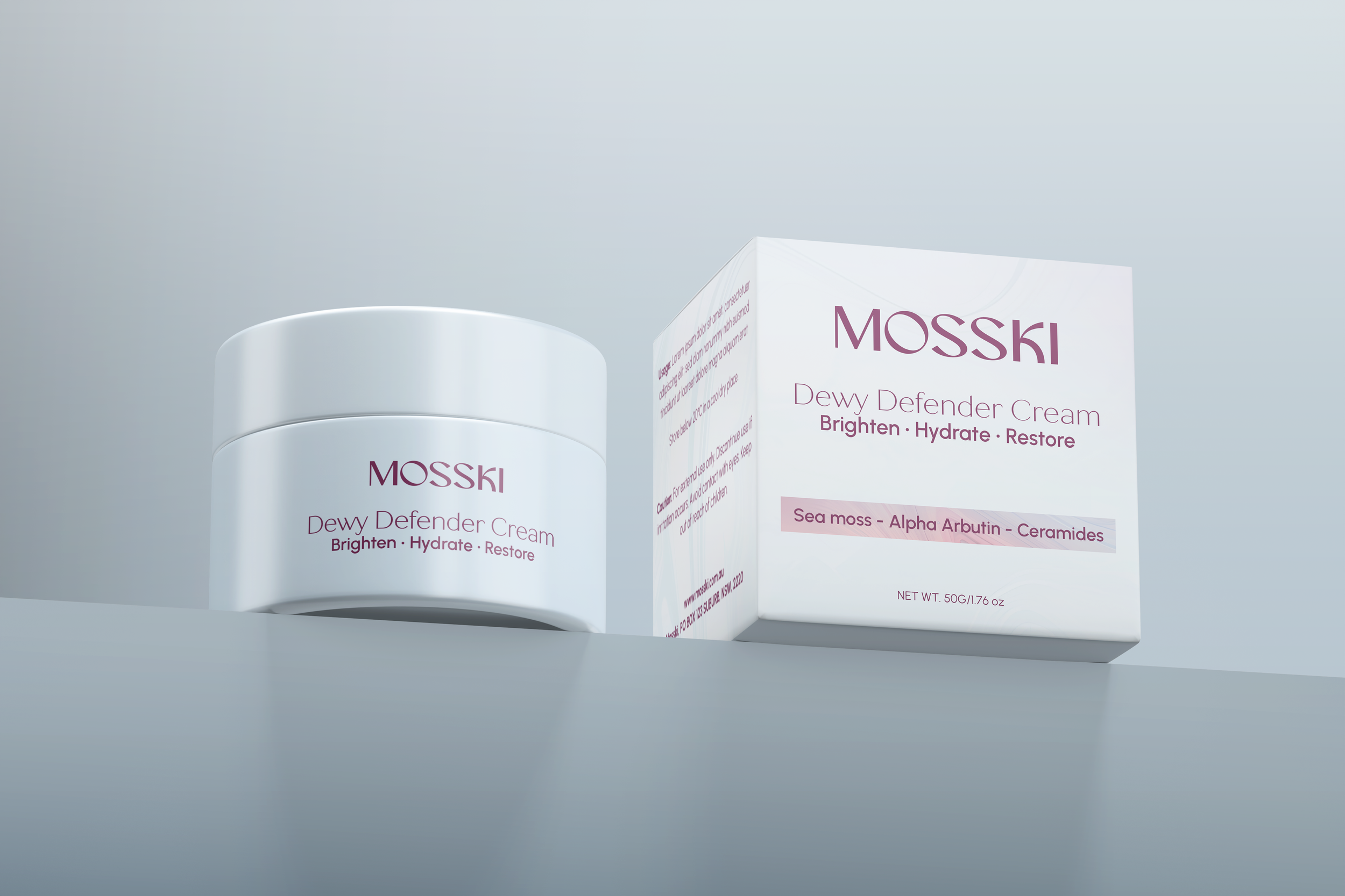 A box and jar of Mosski Dewy Defender Cream with the label reading 'Brighten, Hydrate, Restore' in purple text on a white background.