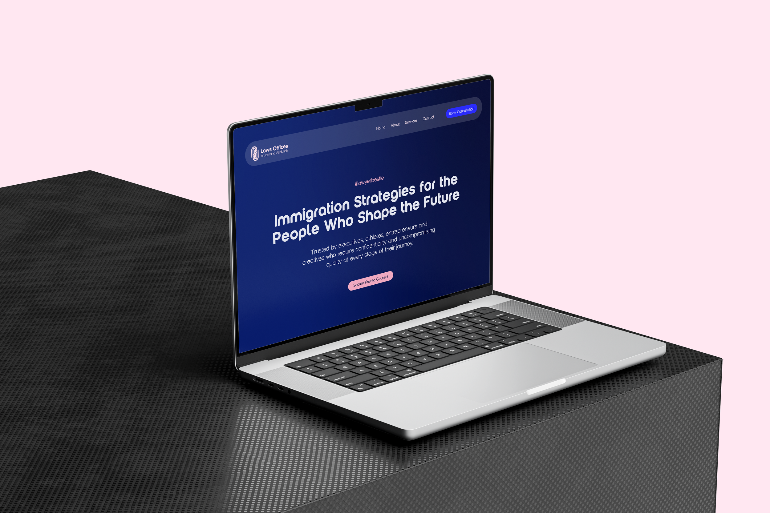 Open laptop displaying a website with the headline 'Immigration Strategies for the People Who Shape the Future' on a black textured surface against a light pink background.