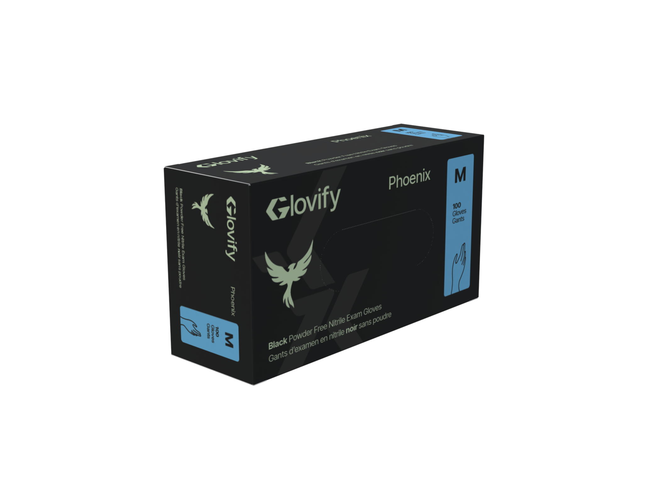 Box of Glovify Phoenix black powder-free nitrile exam gloves, size medium, containing 100 gloves, with a black and blue packaging design featuring a phoenix logo and an illustration of a hand.