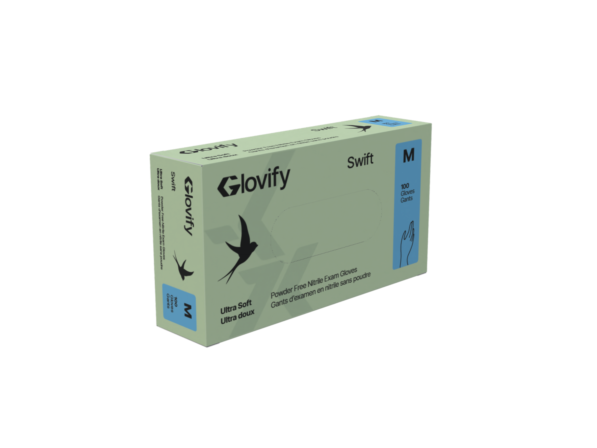 A box of Glovify Swift ultra soft powder-free nitrile exam gloves in size medium, with a light green background and blue accents, featuring black illustrations of birds and a hand.