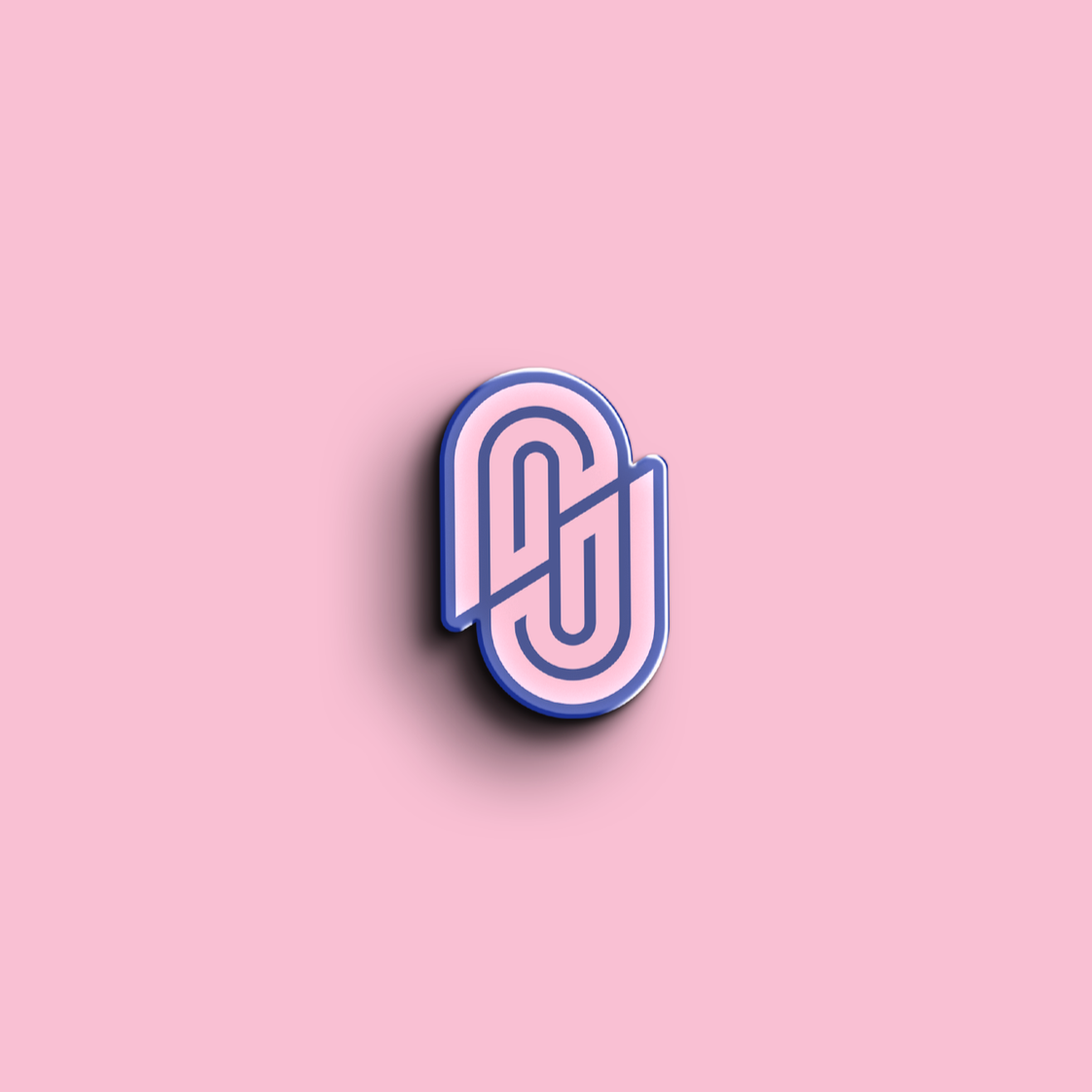Pink and blue neon pin with a geometric design on a pink background.