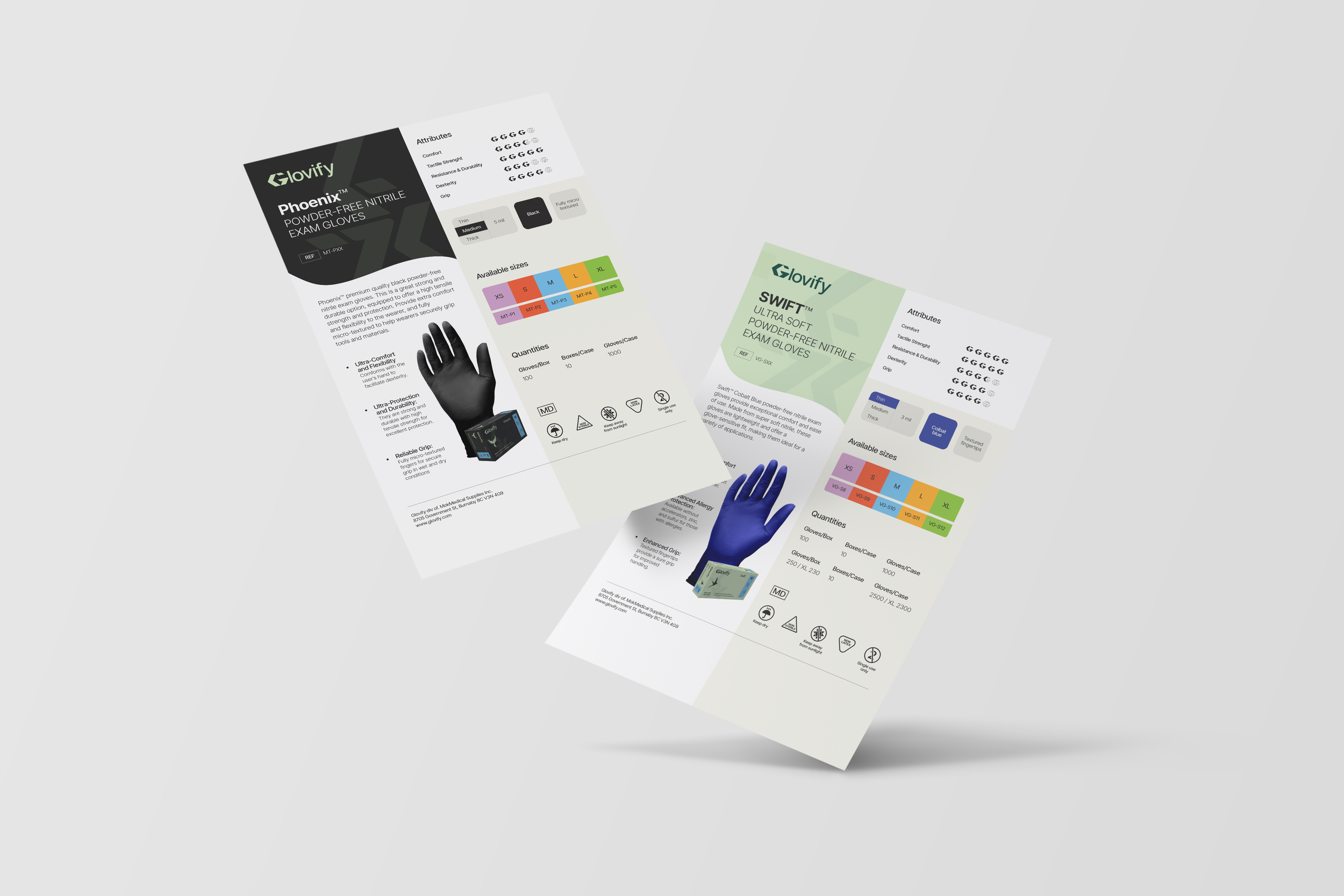 Two informational flyers about gloves, one black and one light green, showing product details, attributes, available sizes, and quantities, with images of gloves and logos.