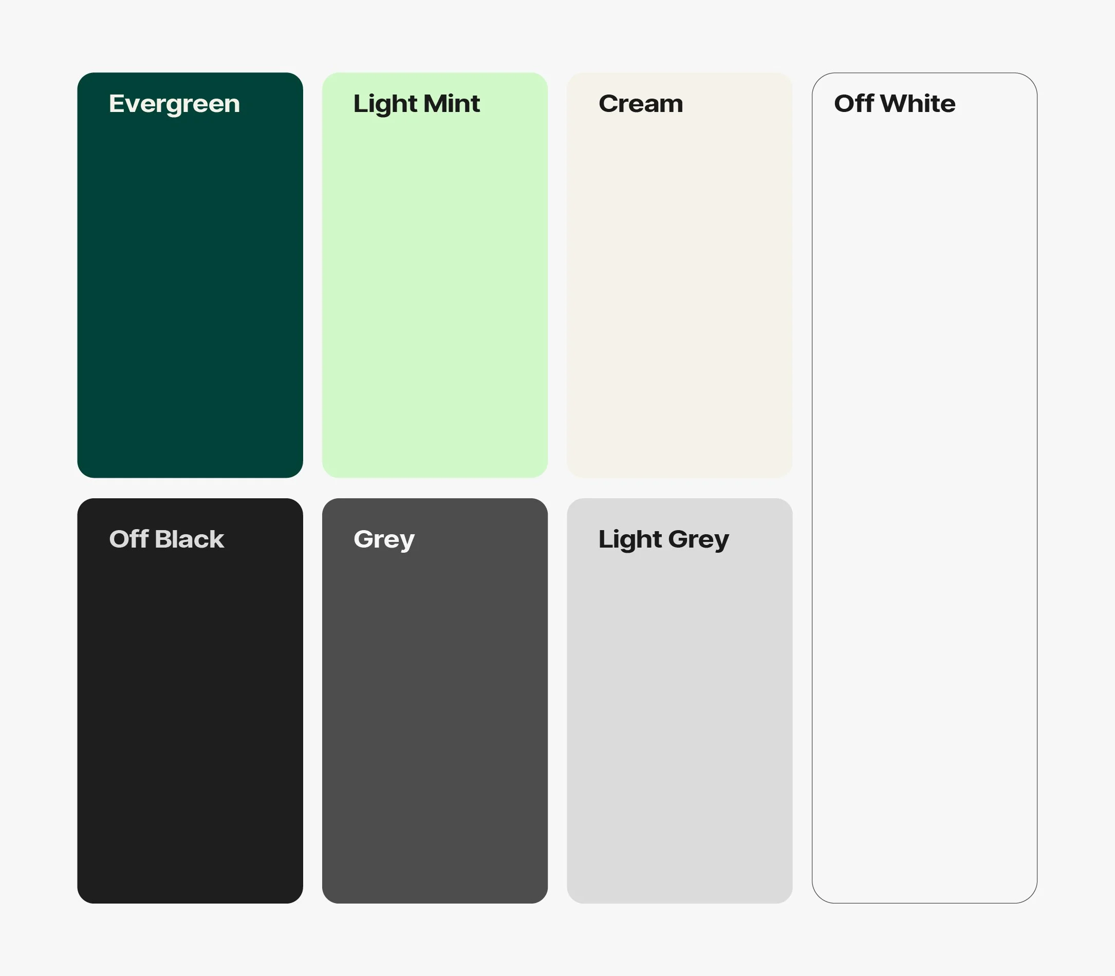 Color palette with swatches labeled Evergreen, Light Mint, Cream, Off White, Off Black, Grey, Light Grey.