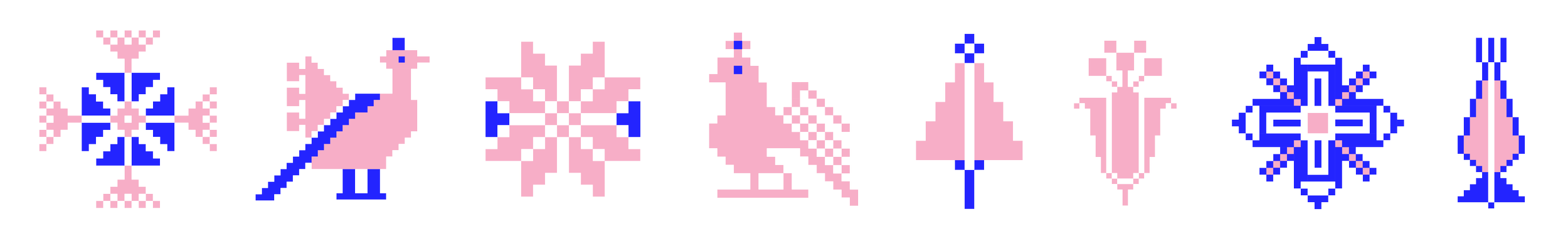 Row of eight Christmas-themed pixel art icons in pink and blue, including a snowflake, a Christmas tree, a bird, an angel, and ornaments.