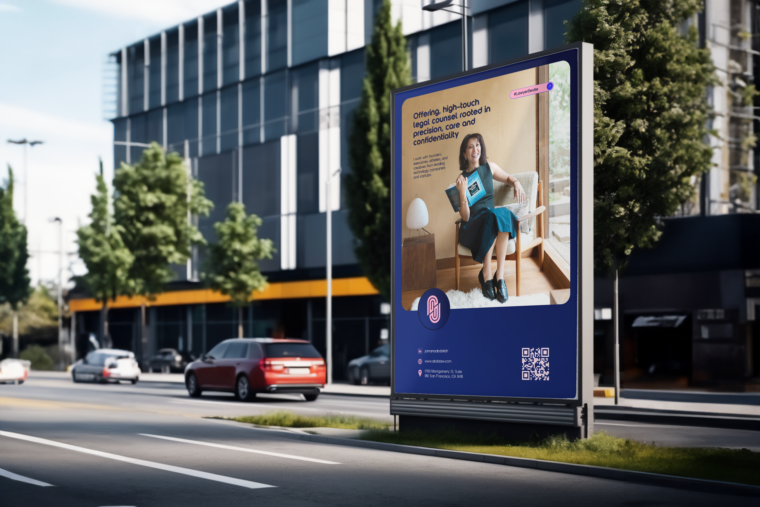 An outdoor billboard advertisement featuring a woman sitting on a chair holding a book, with text about legal counseling services, contact information, QR code, and social media handle, set along a city street with trees and modern buildings in the background.