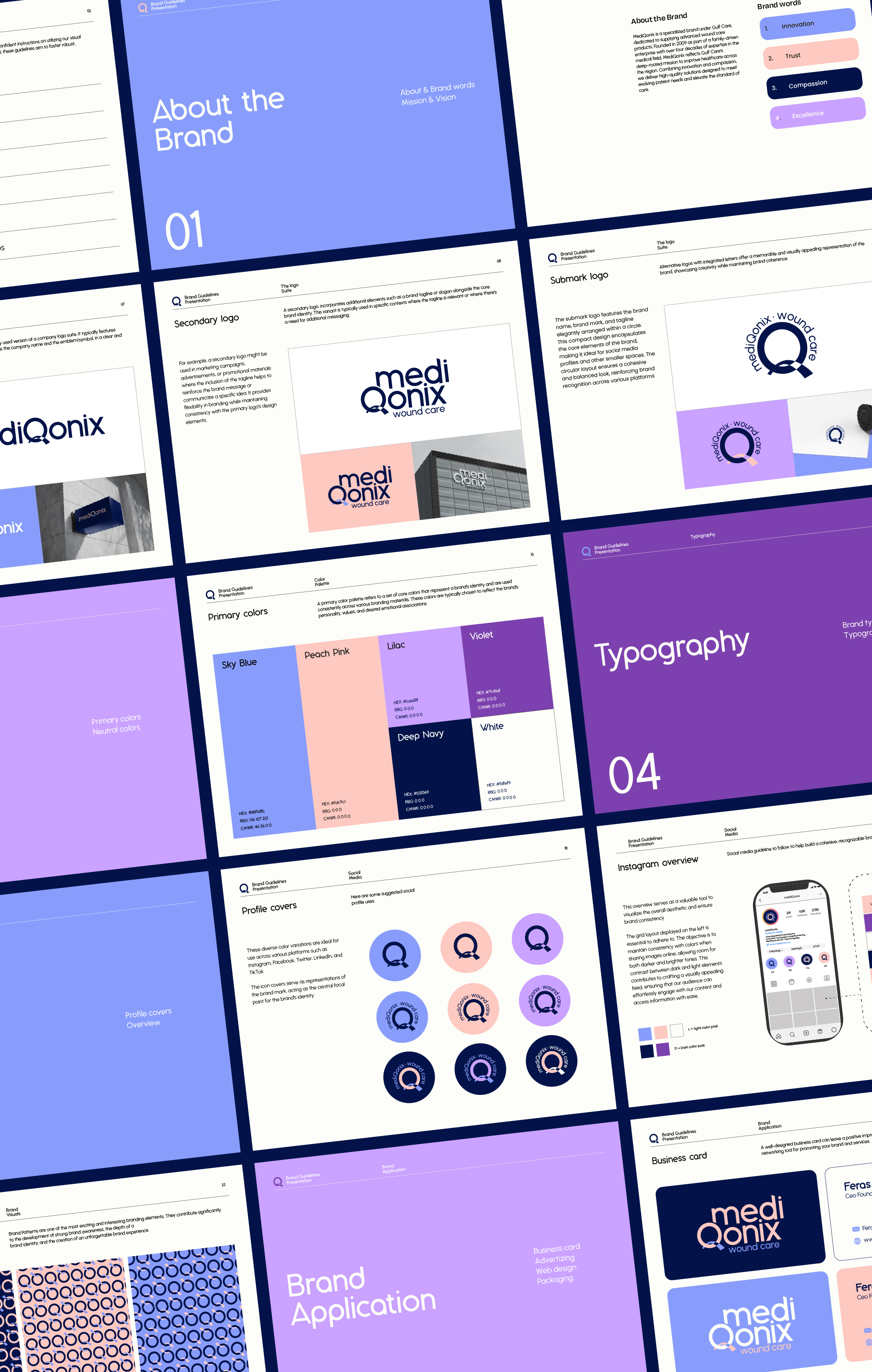 A presentation presentation slide collage featuring brand guidelines, logos, color palettes, typography, profile covers, social media overview, business cards, and branding elements for Medi Qonix wound care. The slides include sections on about the brand, logo design, color schemes, typography, profile covers, social media strategies, business cards, and branding guidelines with various color schemes including blue, pink, purple, and white.