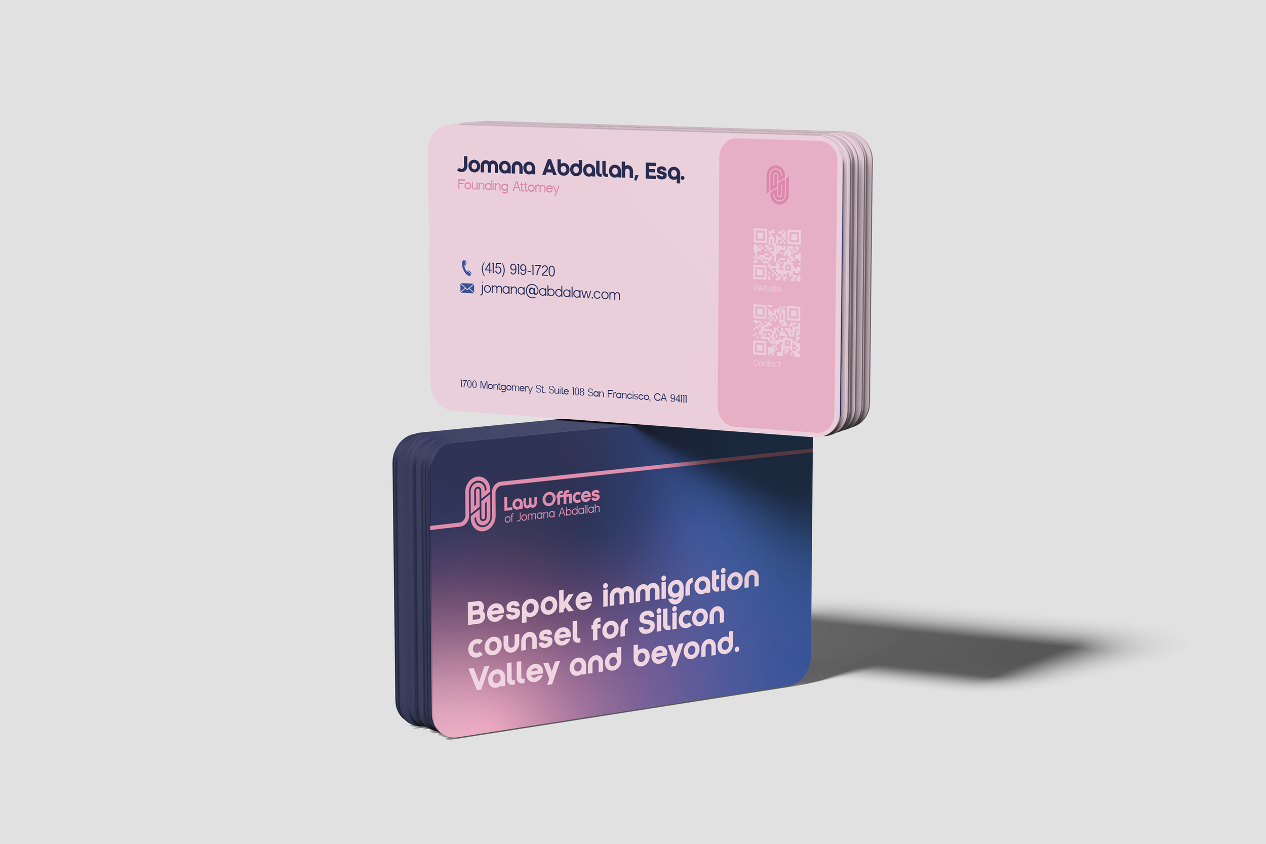 Business cards stacked, one pink with contact info and two QR codes, one navy blue with the text 'Bespoke immigration counsel for Silicon Valley and beyond.' and a logo.