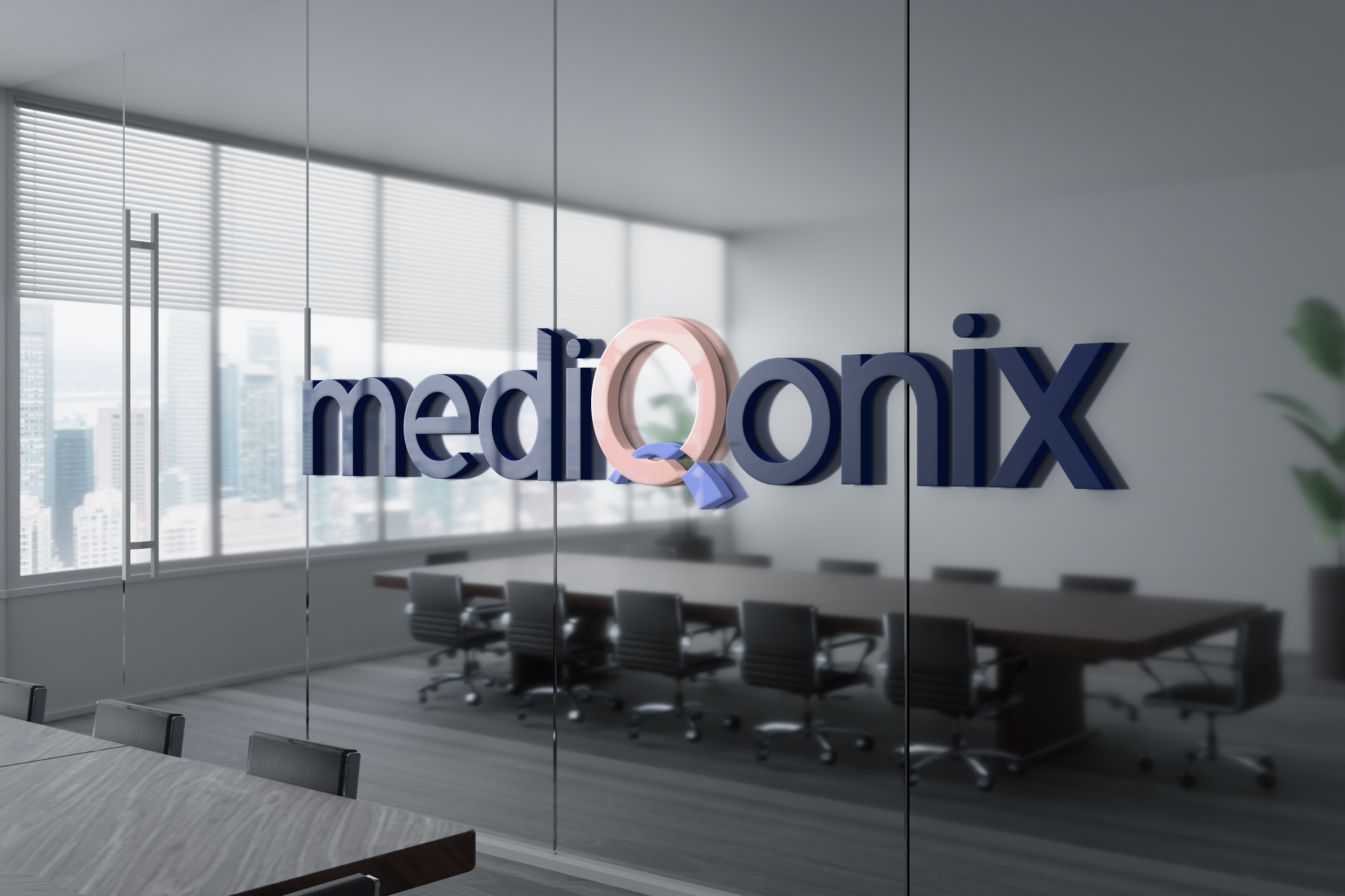 Modern office conference room with a large table and chairs, seen through glass walls with a cityscape view in the background. A logo reading 'mediox' is on the wall.
