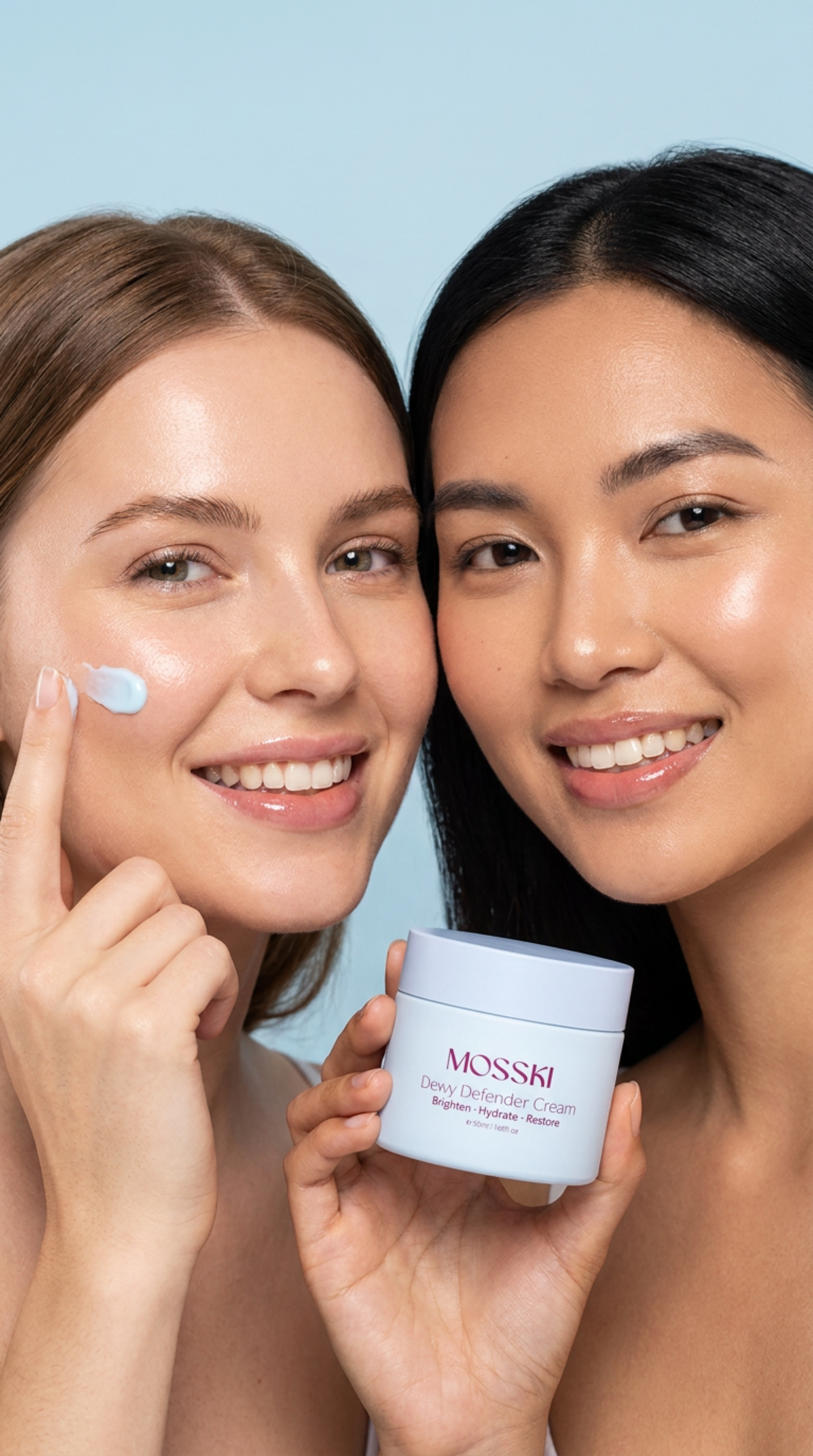 Two women smiling, one applying cream to her face and holding a container of Mosski cream, with a light blue background.