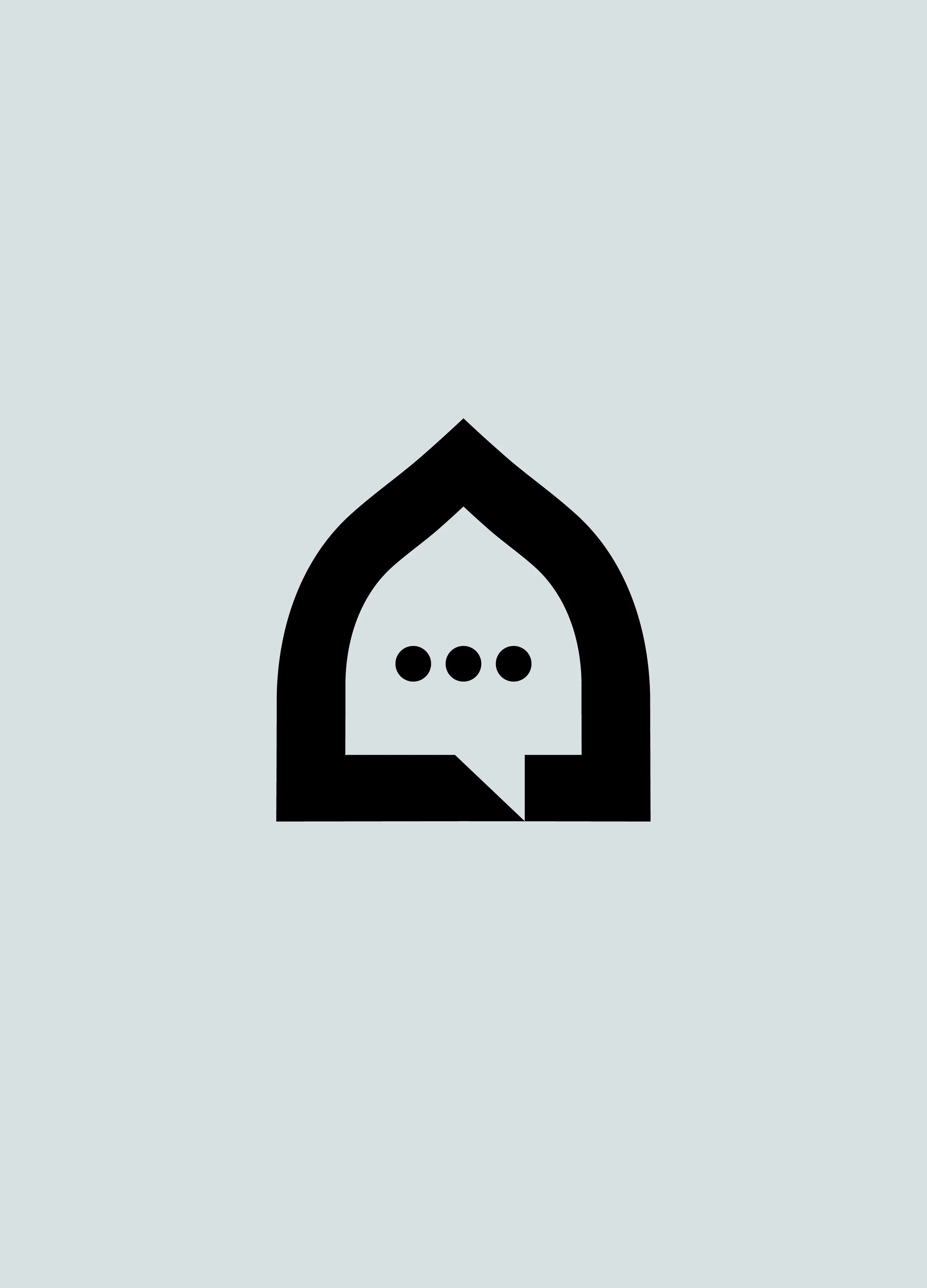 Icon of a house with a speech bubble inside, featuring three dots, on a light gray background.