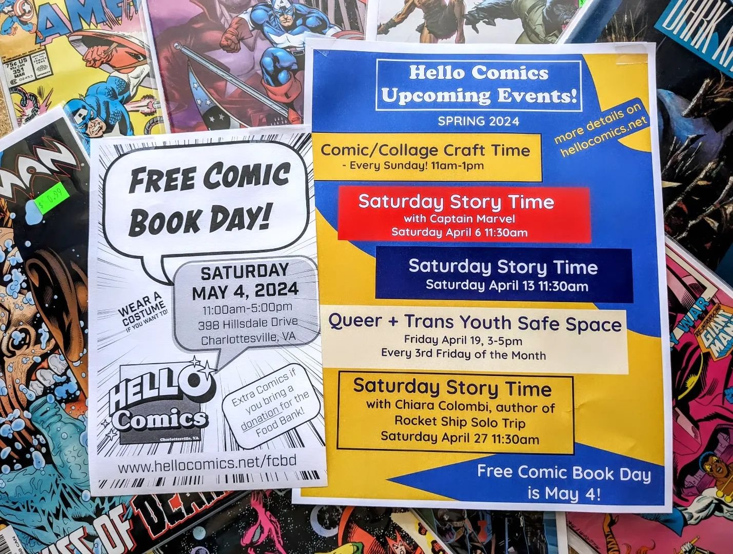 Hello Comics Spring Events 2024 ✨ We've got our Safe Space hours Tonight (4/19) from 3-5pm and crafting this Sunday (4/21) from 11-1pm, see y'all here!