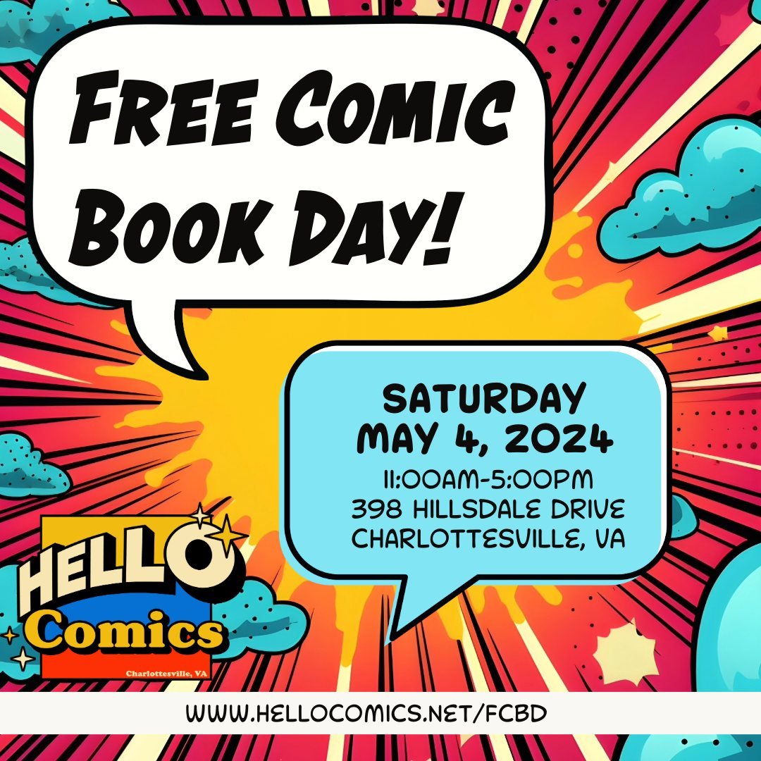 Charlottesville, Free Comic Book Day is coming soon! We're giving out thousands of free comics on May 4 @ our Uptown shop. Don't miss the 25 cent Tent Sale (Fill a short box for $40!) and Back Issue &amp; Comics Sale inside!  Details on the Events pa