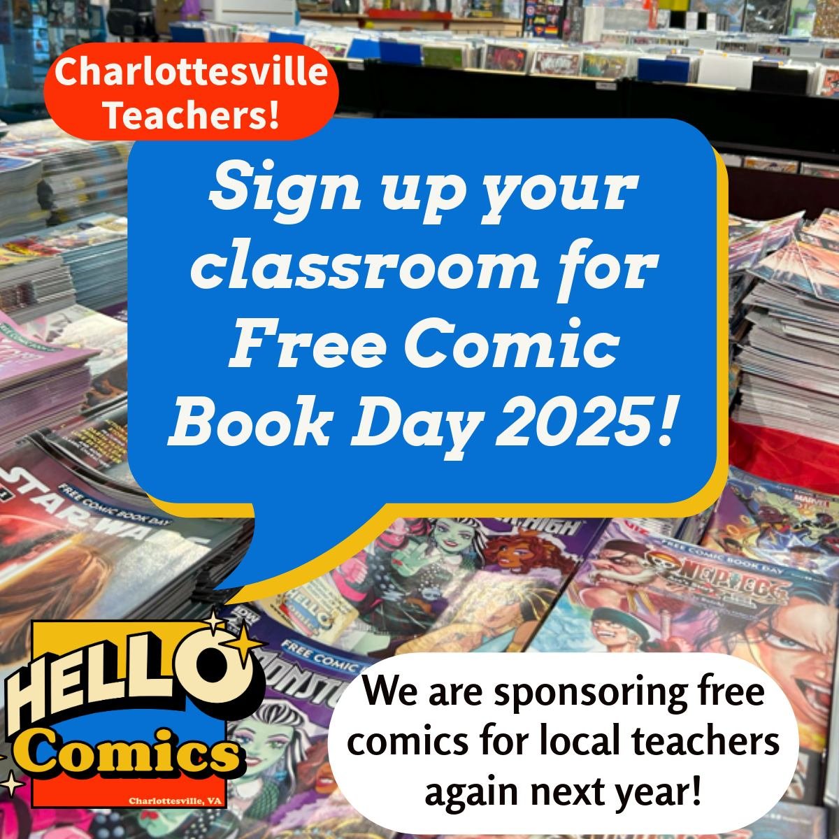 We had so much fun at Free Comic Book Day last week! We're opening up Library/Classroom signups for next year. More info on our website. Please spread the word, share this post, and tag your teacher/librarian friends in Charlottesville/Albemarle.